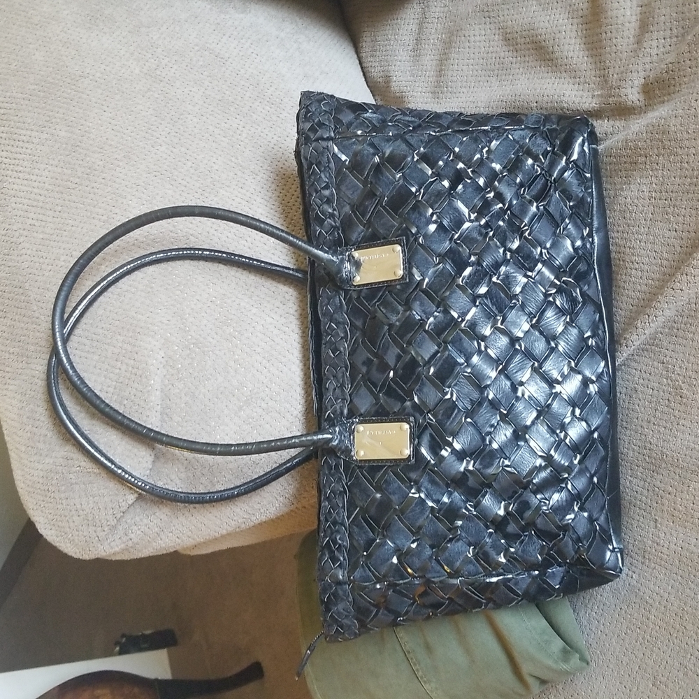 Castellari Italian Leather Calf Hair Weaved Zippered Shoulder Bag Black